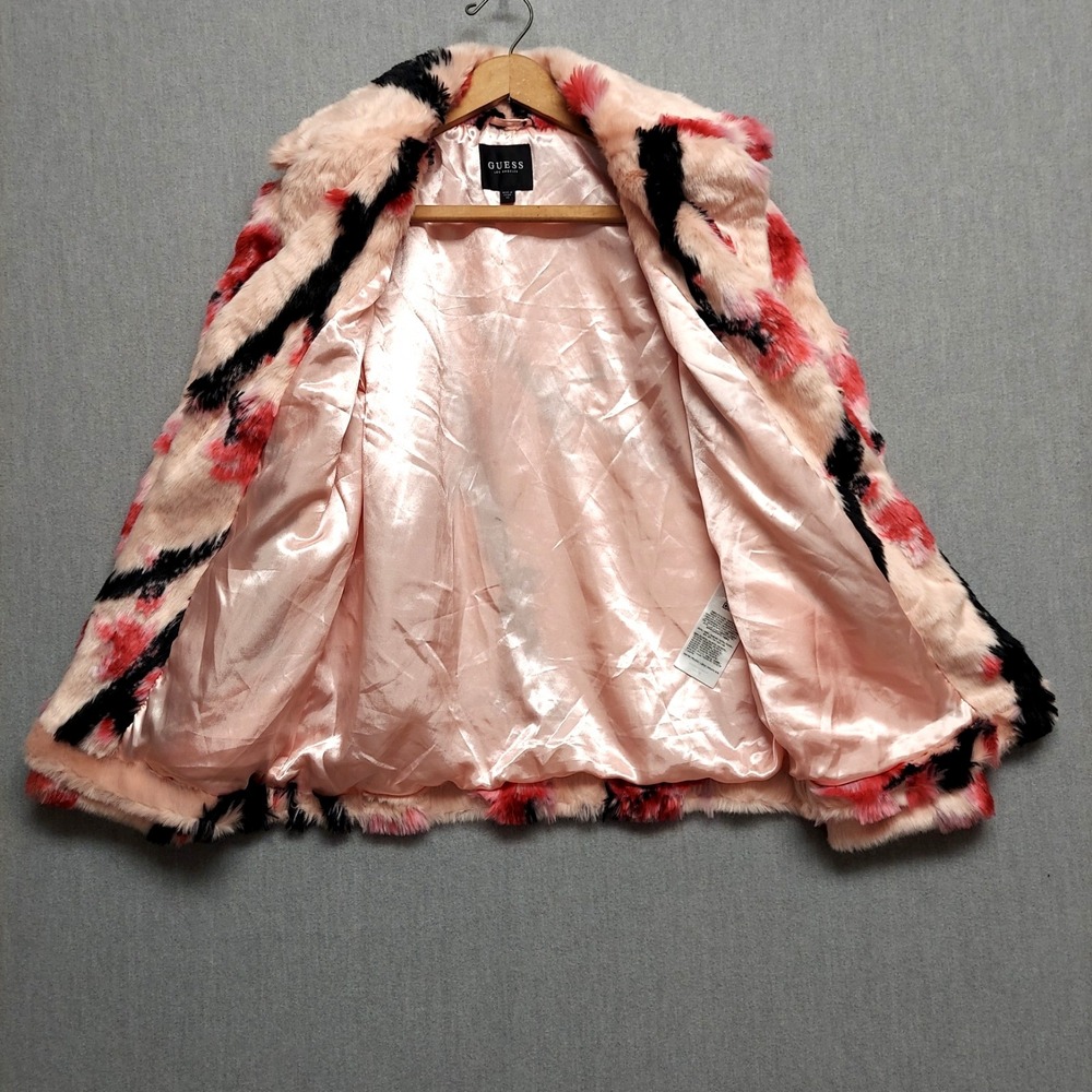 GUESS Faux Fur Floral Coat Womens XS Pink Cherry Blossom Y2K Glam Luxe Jacket - Picture 5 of 16